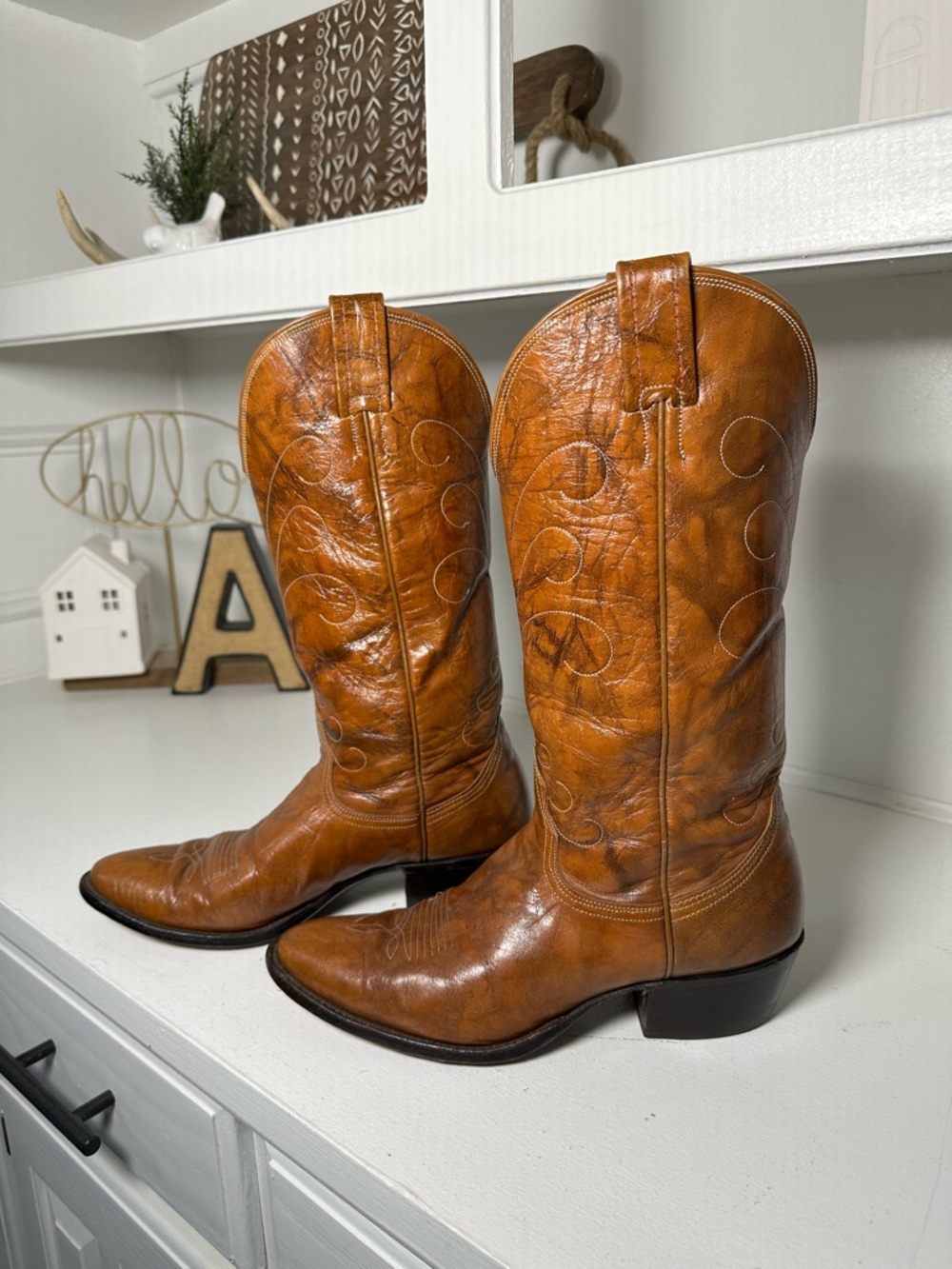 Vintage Nocona Cowboy Boots Men 8D Women 9.5 Tan Brown Leather Western Boots USA